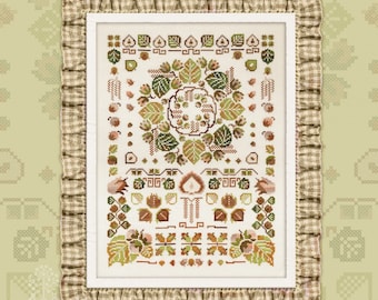 Cross Stitch Kit, "Hazelnut", OwlForest Embroidery, tree nut sampler, leaf, green, tree nuts,