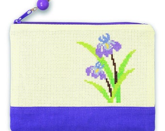 Cross Stitch Kit "Iris" pre-sewn zipper coin purse cosmetic bag organizer fun beginner craft kit learn cross stitch personal handmade gift
