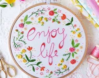 Embroidery Kit, "Enjoy Life", summer fun craft teen tween therapeutic beginner floral hand embroidery preprinted pattern stitch guide