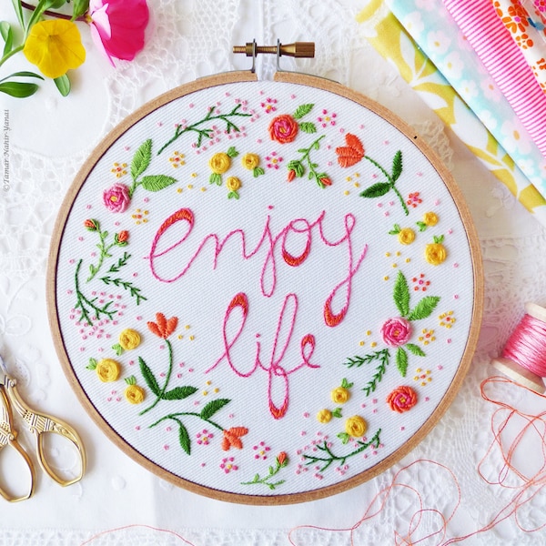 Stickpackung, “Enjoy Life”, Sommer Fun Fertigkeit Teenager Tween Anfänger reine Handarbeit florale Stickanleitung