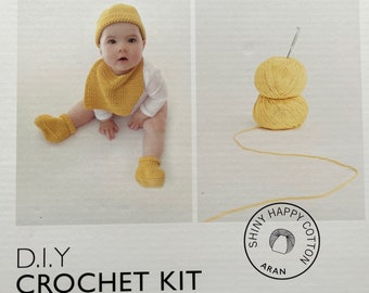 Crochet Kit “Baby Set” in yellow smooth cotton yarn UK brand Wool and the Gang fun DIY project great handmade crafting gift only 1 available