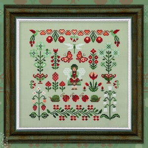 Modèle de point de croix, « Fée du jardin », grille imprimée, broderie Owlforest, jolies créatures de jardin, échantillonneur de jardin, échantillonneur de bordure