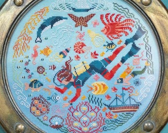 Cross Stitch Kit "Southern Seas Beauty" OwlForest Embroidery hand-dyed floss sea diving ocean marine life fish seahorse shell coral ships