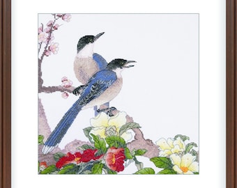 Cross Stitch Kit "Blossom of Spring" bird couple on branch spring blossom vibrant color fine art gift wedding anniversary nature bird lover