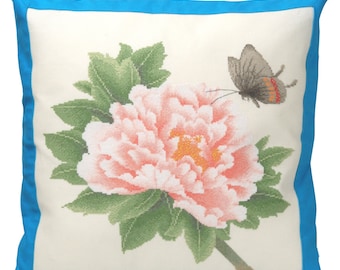 Cross Stitch Pillow Cover Kit, Peony and Butterfly, pre-sewn border, hand-sewing decorative pillow garden floral blossom elegant classic