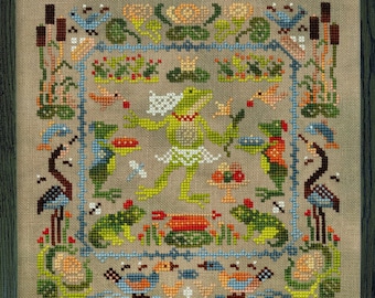 Cross Stitch Printed Pattern, “The Little Wood Folk, Frog”, Owlforest Embroidery, cute forest critter sampler, woodland animal, motifs