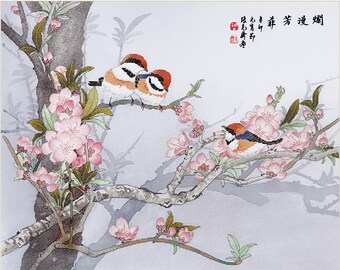 Cross Stitch Kit, "Wonderful Spring Days" early spring garden plum blossom bird chirping on branches vivid color flower Xiu Crafts beginner