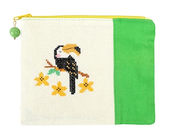 Cross Stitch Kit "Tucan" pre-sewn zipper coin purse organizer cosmetic bag learn counted cross stitch fun beginner unique handmade gift