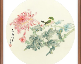 Counted Cross Stitch Kit, "Chrysanthemums", elegant oriental art, fine art watercolor design, floral, bird, spring, garden cross stitch, Xiu