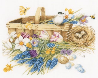 Cross Stitch Kit, "Spring Flowers Basket", Marjolein Bastin, floral, basket, bird, nest, butterfly, bumble bee, counted xstitch, Lanarte