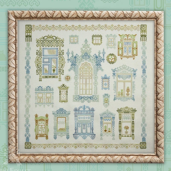 "Kreuzstich ""Russian Fenster"" OwlForest Stickerei Barock-Stil architektonisches Element komplizierte einzigartige Fensterrahmen Fensterbankform Sampler."