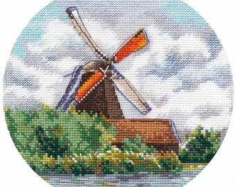 Cross Stitch Kit, "Miniature, Windmill", windmill scenery, cottage, mill, barn, riverbank, Holland, farmhouse decor, DIY craft kit, Oven Co.