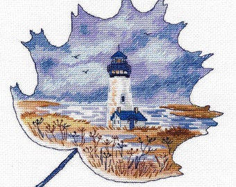 Cross Stitch Kit "Yaquina Head Lighthouse" of Newport, Oregan beautiful seashore scenery in leaf shape unique embroidery design Oven Company