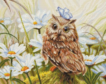 Cross Stitch Kit, "Lucky Owl", adorable owl with butterfly, daisy, garden cross stitch, cute animal, fun cross stitch