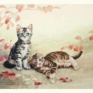 Cross Stitch Kit, &quot;Good Mates&quot;, cat cross stitch,  friendship, sibling love, oriental watercolor, unique authentic art, autumn,, Xiu Crafts