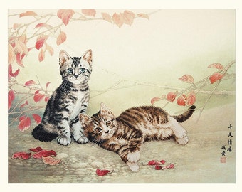 Cross Stitch Kit, "Good Mates", cat cross stitch,  friendship, sibling love, oriental watercolor, unique authentic art, autumn,, Xiu Crafts