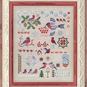 Cross Stitch Pattern, &quot;Bullfinches&quot;, OwlForest Embroidery, printed colored chart, bird sampler, winter, holiday, holly, snow, Christmas,