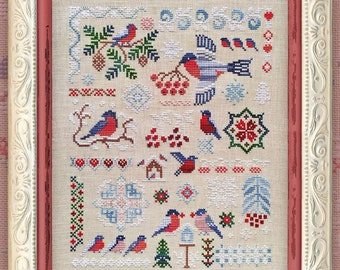 Cross Stitch Pattern, "Bullfinches", OwlForest Embroidery, printed colored chart, bird sampler, winter, holiday, holly, snow, Christmas,