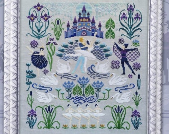 Cross Stitch Kit, "Swan Lake", OwlForest Embroidery, story cross stitch, fairytale cross stitch, original design, hand-dyed DMC floss