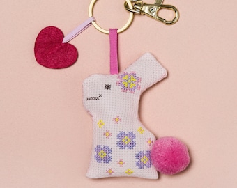 DIY Backpack Charm Craft Kit "Bunny Rabbit" learn cross stitch embroidery sewing fun beginner gift keychain cute stocking stuffer adorable