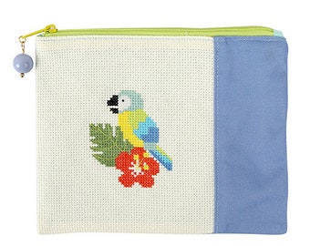 Cross Stitch Kit "Parrot" pre-sewn zipper coin purse organizer cosmetic bag learn counted cross stitch fun beginner unique handmade gift