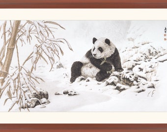 Cross Stitch Kit, "Panda and Bamboos", Chinese watercolor art, oriental, winter scene, snow, exotic animal, wildlife conservation, Xiu