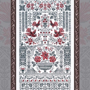 Motif imprimé au point de croix, « Échantillon rouge et noir », broderie Owlforest, échantillon de bordure florale complexe motif coq de style vintage