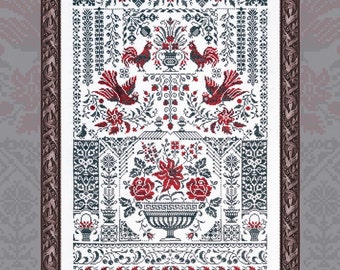 Cross Stitch Printed Pattern, "Red and Black Sampler”, Owlforest Embroidery, vintage style motif intricate rooster floral border sampler