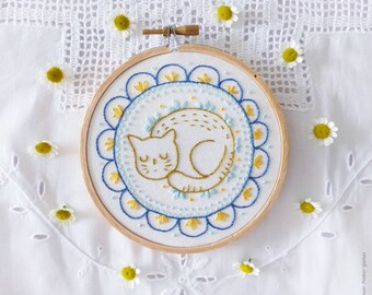 Embroidery Kit, "Sleepy Cat", summer fun craft teen tween therapeutic beginner floral hand embroidery preprinted pattern stitch guide