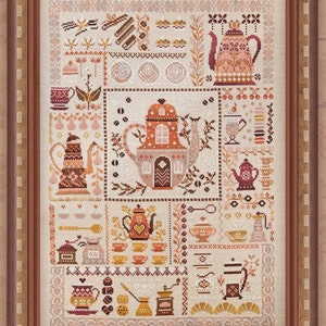 Cross Stitch Printed Pattern, "Coffee Sampler", OwlForest Embroidery, coffee themed sampler, vintage style, coffee pot, cup, kitchen decor