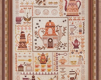 Cross Stitch Printed Pattern, "Coffee Sampler", OwlForest Embroidery, coffee themed sampler, vintage style, coffee pot, cup, kitchen decor