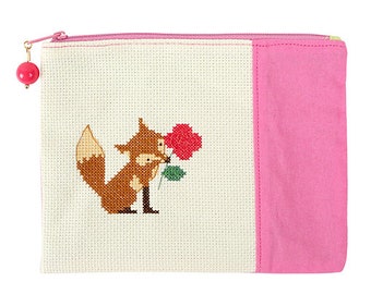 Cross Stitch Kit "Fox" pre-sewn zipper coin purse organizer cosmetic bag learn counted cross stitch fun beginner unique handmade gift