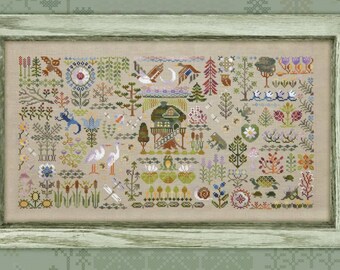 Cross Stitch Kit, "Bewitched Swamp", Owlforest Embroidery, wetland wildlife cross stitch, turtle, heron, nature sampler, heirloom worthy