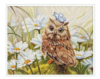 Cross Stitch Kit, "Lucky Owl", adorable owl with butterfly, daisy, garden cross stitch, cute animal, fun cross stitch