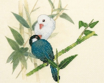 Counted Cross Stitch Kit "Java Sparrow", Java Finch, beautiful nature scene embroidery, exotic bird, easy fun project, great giftgift