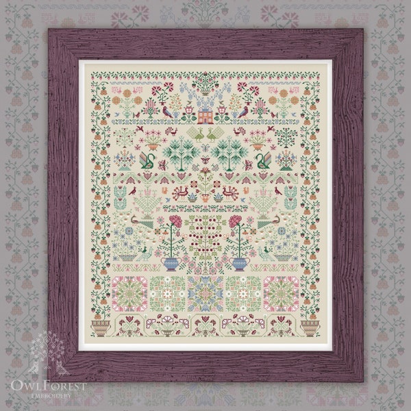 Cross Stitch, "Everflowering Garden", OwlForest Embroidery, booklet, floss set, stunning garden motifs, exotic bird, flower, border sampler