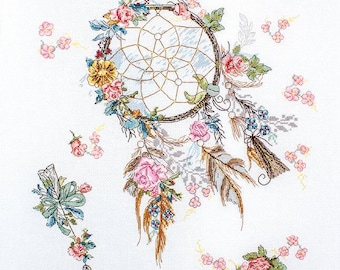 Cross Stitch Kit "Spring Dreams" floral dreamcatcher pink roses leaves feathers bows tassels romantic bohemian decor UK Zweigart Anchor