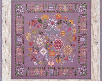 Cross Stitch pattern, kit, "Autumn Flowers", Owlforest Embroidery, ship from US, beautiful floral sampler, fall, colorful, blossom, purple