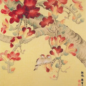 Cross Stitch Kit, &quot;Flaming Kapok&quot;,  oriental fine art, sweet bird couple, kapok tree, red blossom, garden, great gift, Xiu Crafts