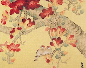 Cross Stitch Kit, "Flaming Kapok",  oriental fine art, sweet bird couple, kapok tree, red blossom, garden, great gift, Xiu Crafts
