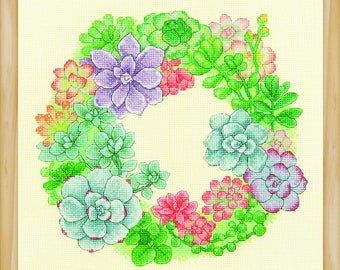 Counted Cross Stitch Kit, "Green Wreath", succulent wreath, succulent garden, DIY c;raft kit, embroidery kit, unique design, Xiu Crafts