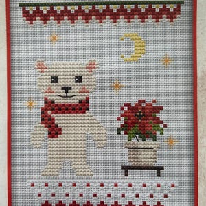 Cross Stitch Kit &quot;The Holiday Comes&quot; adorable animal decor festive holiday moon star polar bear red scarf poinsettia Christmas NeoCraft