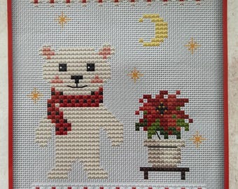 Cross Stitch Kit "The Holiday Comes" adorable animal decor festive holiday moon star polar bear red scarf poinsettia Christmas NeoCraft