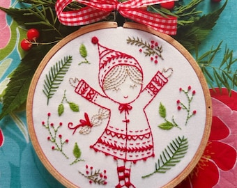 Embroidery Kit "Christmas Girl", 4", holiday craft teen tween fun therapeutic beginner hand embroidery preprinted pattern stitch guide