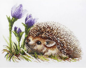 Cross Stitch Kit "Spring Awakening" cute animal hedgehog purple crocus fun adorable 14CT Oven company
