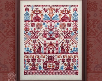 Cross Stitch Set, "Northern Land" OwlForest Embroidery intricate pattern red and blue palace nobles artistic charming classic motif sampler