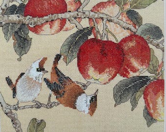 Cross Stitch Kit, "Apple Tree", plentiful apples, lively bird, orchard, unique authentic oriental art, garden, nature, Xiu Crafts