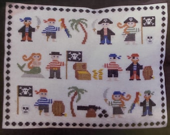 Cross Stitch Kit, "Pirate", Danish Handcraft Guild, Haandarbejdets Fremme, colorful, fun pirate sampler, pillow cover, wall decor, kids room