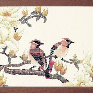 Cross Stitch Kit, &quot;Magnolia Flowers&quot;, magnolia blossom, lively bird, unique authentic oriental art, garden, Xiu Crafts, anniversary, wedding