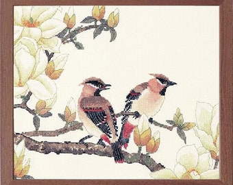 Cross Stitch Kit, "Magnolia Flowers", magnolia blossom, lively bird, unique authentic oriental art, garden, Xiu Crafts, anniversary, wedding
